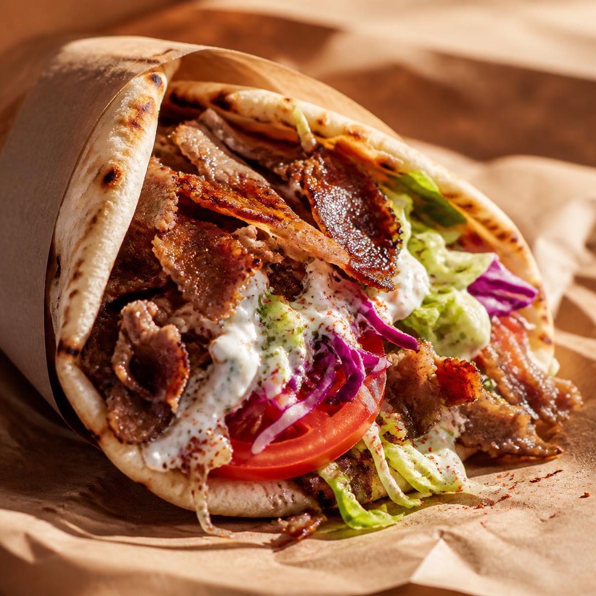 Frisch gefülltes Kebab im Fladenbrot mit Salat und Joghurtsauce